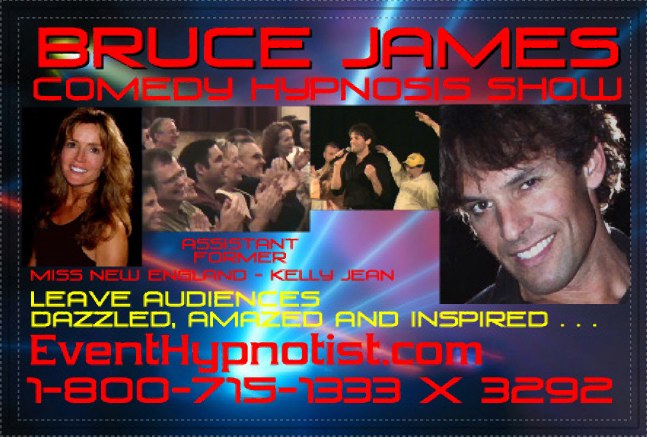 Mind Master Stage Hypnotist - Bruce James - top comedy Hypnotism entertainer, can entertain at conferences, seminars, clubs, universities, etc., at events anywhere in the world with his Hilarious Stage Hypnosis (Hypnotism) Show.
